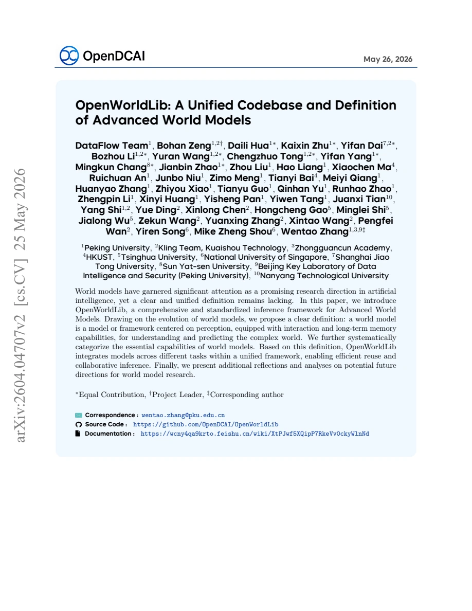 First page of the OpenWorldLib paper